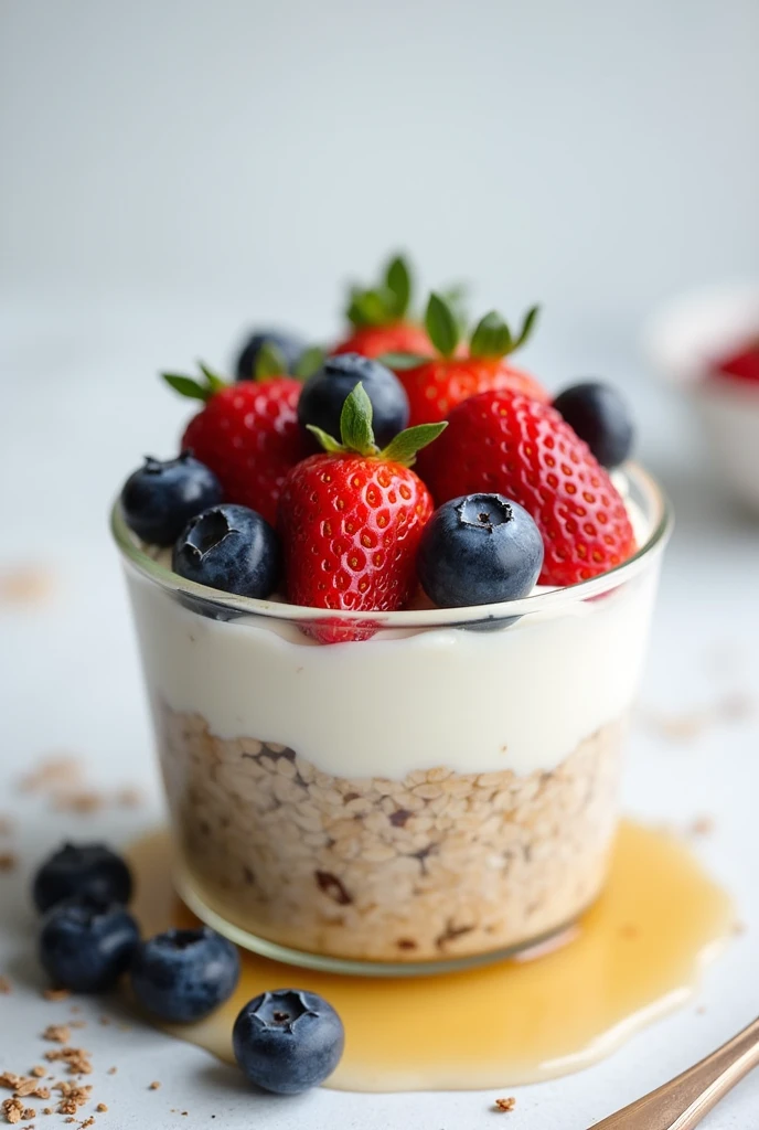 Create an image of this recipe: Overnight Oats with Fruit and Yogurt Ingredients:

- Avena: 60 g - Natural Greek yogurt: 150 g - Almond milk: 100 ml - Strawberries: 100 g - Blueberries: 50 g - Honey: 10 g - Flax seeds: 10 g Preparation:

1. In a bowl, Mix the oats with the almond milk and let it sit in the refrigerator overnight.

2. in the morning, add the greek yogurt, chopped strawberries and blueberries.

3. Sweeten with honey and sprinkle flax seeds on top..

4. Serve cold and enjoy a nutritious and refreshing breakfast..
