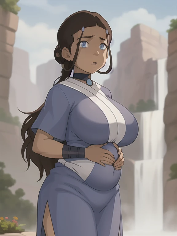 I look at the viewer, 1 girl, katara, stands apart, no other people,  ((belly stuffed)), ((huge belly)), ((Very drunk)), ((staggers)), (Tight-fitting clothes) , 1,  ((Brown hair)), (hair duut), (darker skin color), Beautiful face, ((hourglass body)), breast, Mountain background, waterfall, sunlight, Muscles, 