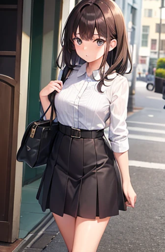 A  girl walking around wearing a cute hot clotes, dark brown hair