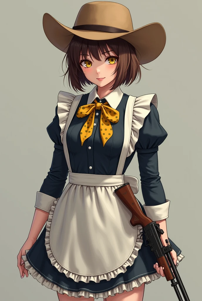 Clover is a human adult women of fair complexion and short brown hair. Official art portrays Clover with yellow irises.
Clover wears a maid costume colored black and white, presumably denim, They wear a pair of brown shoes and a light brown cowboy hat with a dark brown hatband. Around their neck, Clover sports a yellow bandana with maid costume dot pattern (though some official art depicts it as a checkered blue and yellow bandana and handed a gun he is dressing maid costume