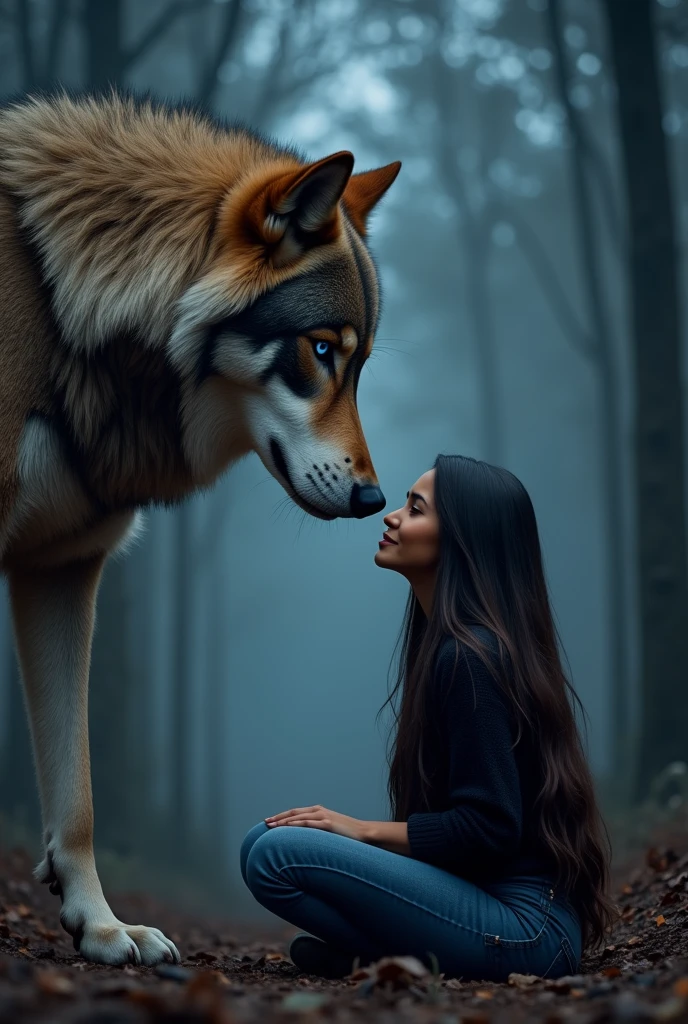 Wolf of enormous size, blue eyes, brown fur, looking face to face at a sitting on the ground in the middle of the forest at night, with their hands in the ground, Brown skin, latina, long straight hair, very long hair , Dark brown hair, looking directly at wolf with bright violet eyes. purple eyes, jeans, white shirt with a smart black sweater, looking at each other with affection 

