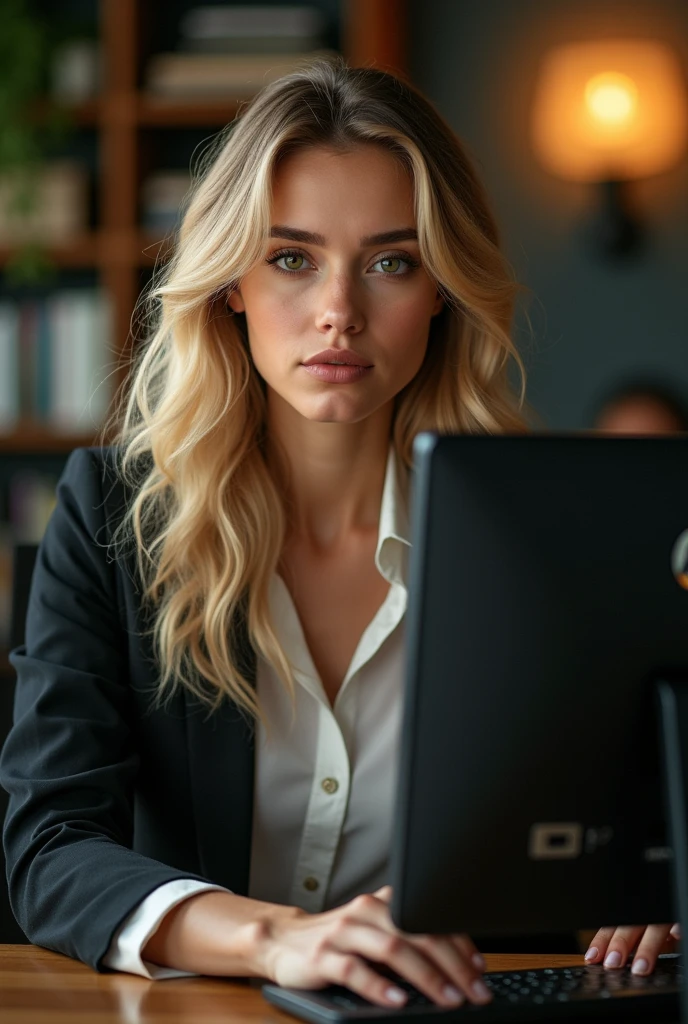 a beautiful young woman with long blonde hair, detailedeyes, nase, and lips, wearing professional clothing, sitting in his office, using your computer, HP computer (best qualityer,4K,8k,high resolution,work of art:1.2),ultra detali,(realisitic,photorealisitic,photo-realisitic:1.37),HDR,studio lighting,extremely detailed face and body, portraite,cinematic lighting,dramatic lighting,warm color tones,dramatic colors