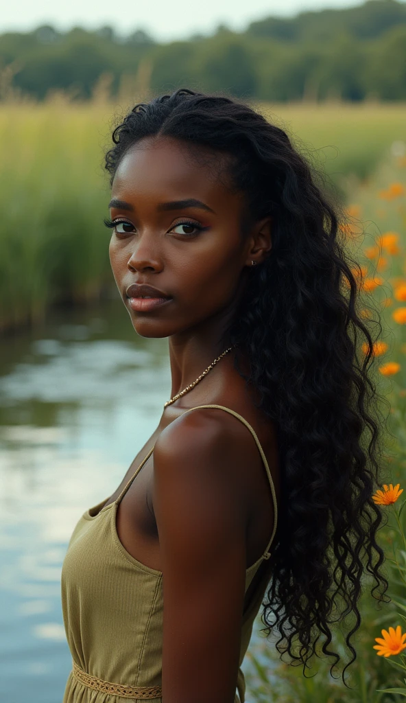 perfecteyes beautiful black woman with long curly hair standing next to a river in a field, in the style of photorealistic detailing, oshare kei