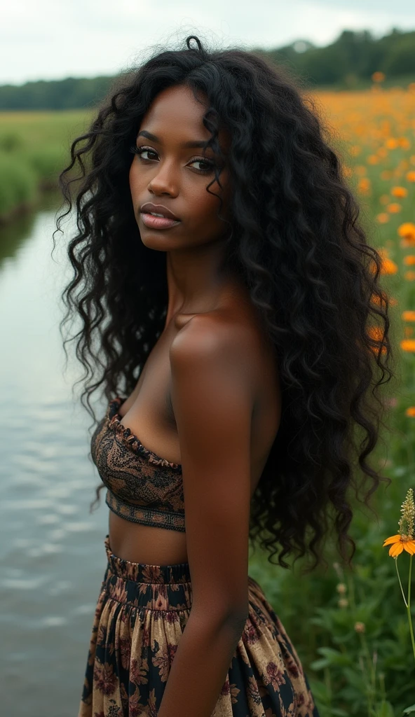 perfecteyes beautiful black woman with long curly hair standing next to a river in a field, in the style of photorealistic detailing, oshare kei