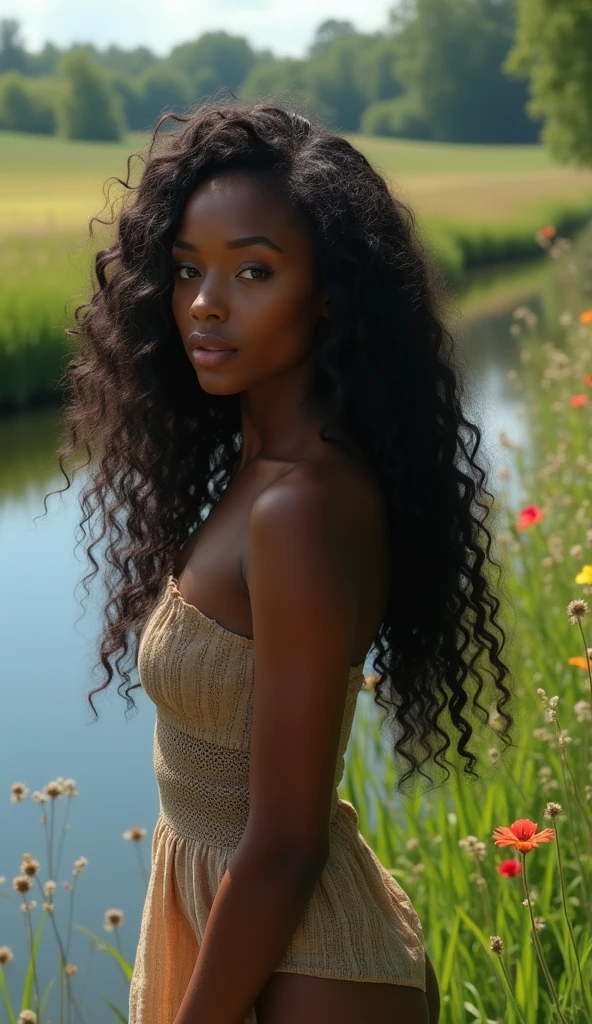 perfecteyes beautiful black woman with long curly hair standing next to a river in a field, in the style of photorealistic detailing, oshare kei