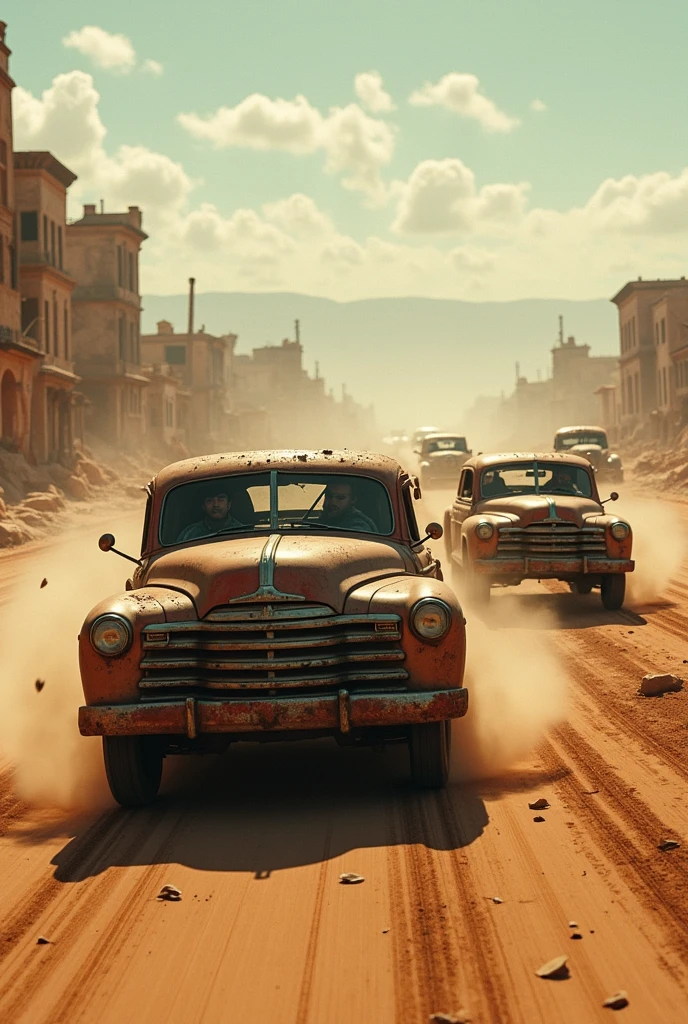 a chase in rusty vehicles, photorealistic, cinematic, 4k