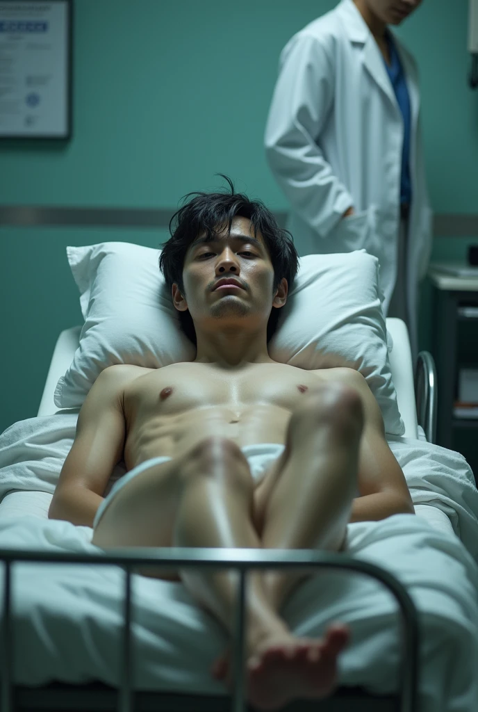 1boy、Handsome Men、Japanese male, 、handsome man、Mash Hair、Completely naked、Full nudity、erection、Huge penis、Highest quality、Realistic、beautiful、Sad look、MRI scan at the hospital、A nurse in a white coat next to me