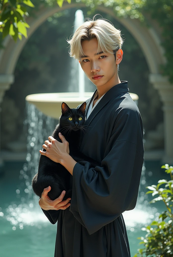 Japanese beautiful man with short bright hair and dark eyes, standing in front of a fountain while holding a black cat