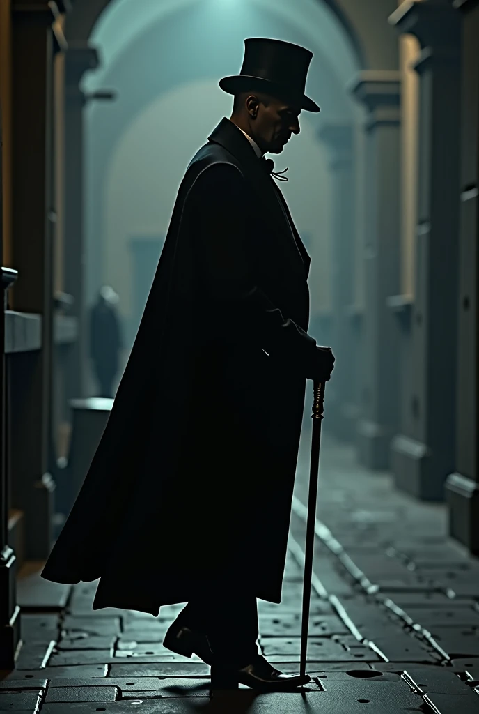 the profile shadow of a man walking, wearing cape, top hat and cane