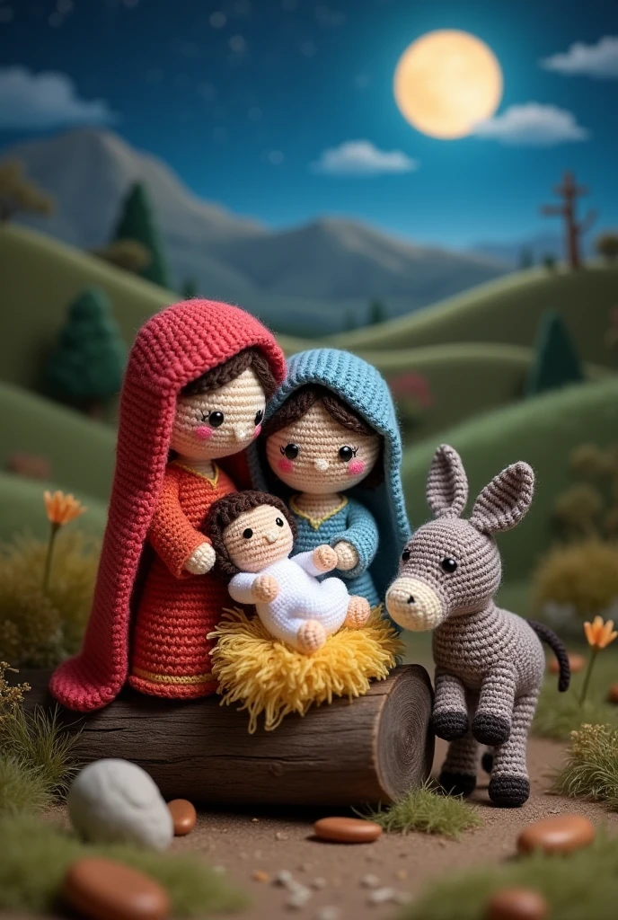 A holy family with mary, san jose, Baby Jesus in brightly colored amigurumi, with the donkey and on a wooden log, with a rural landscape in the background, On a night with a full moon and on a grey table
