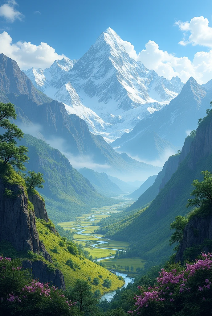 एमे हिमालय के ऊँच पर्वत, सबाल्टो मैदान, आ उपत्यकाएं समिल बा।
Image prompt: Stunning views of the Himalayan mountains, Terai plains, and the Kathmandu Valley.