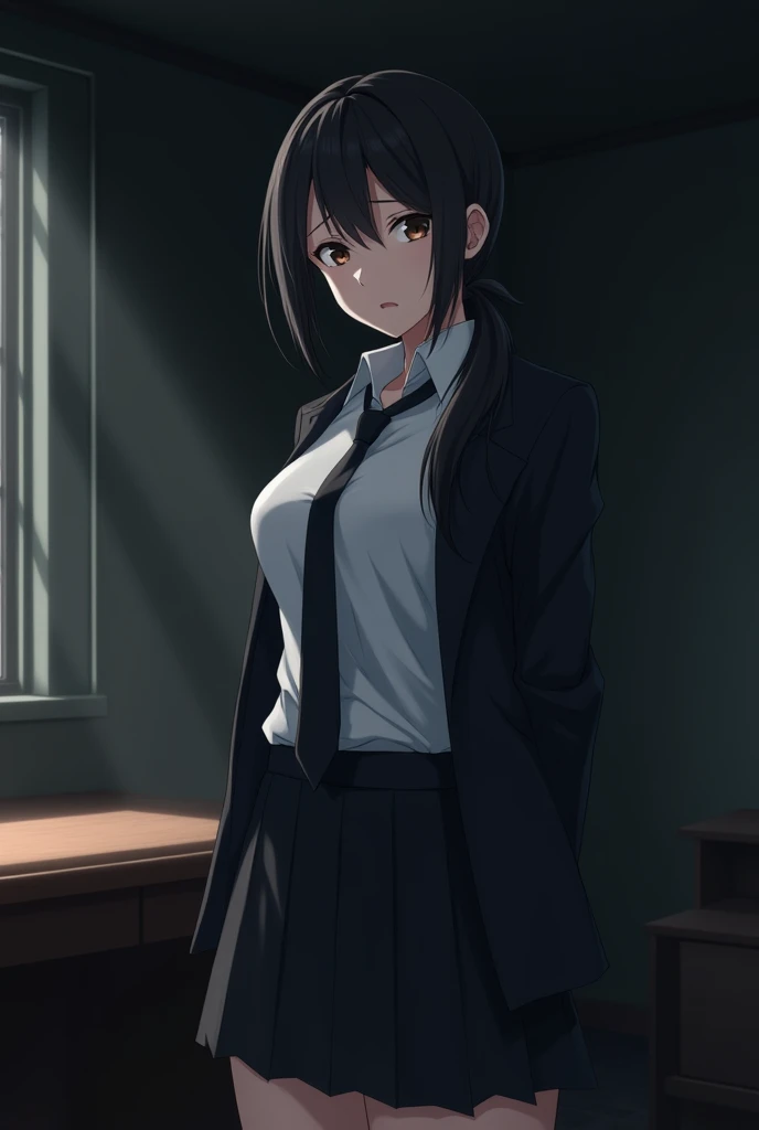 Create the following image: The image shows a slightly older woman with long black hair tied in a low ponytail., dark brown eyes and white skin. She is standing next to a table with her arms behind her back and a serious, nervous expression on her face.. Wear a white long-sleeved blouse, a black tie, black skirt and a black jacket. The background is a dark office, and his eyes stand out in the darkness. anime style.