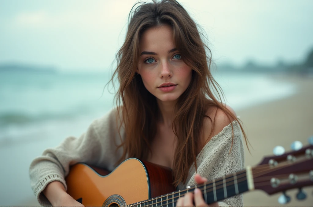 fot, taken from a distance that shows the entire body, She is very young, plein-air, em uma praia, sexy short dress, medium hips, Caucasian skin, sad for a lost love, long brown hair, a softened wry smile - contained excitement, Soft lighting on your face, realistic skin-clothes-hair textures, sky blue eyes carpeted mist, beautiful real textures and delicate aesthetics, full body view, playing guitar, notable for natural feminine beauty, noise, 8 k quality, FOTO RAW, by professional photographer, rule of thirds, Extremely Detailed