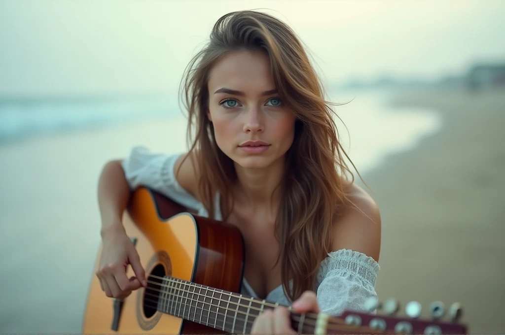 fot, taken from a distance that shows the entire body, She is very young, plein-air, em uma praia, sexy short dress, medium hips, Caucasian skin, sad for a lost love, long brown hair, a softened wry smile - contained excitement, Soft lighting on your face, realistic skin-clothes-hair textures, sky blue eyes carpeted mist, beautiful real textures and delicate aesthetics, full body view, playing guitar, notable for natural feminine beauty, noise, 8 k quality, FOTO RAW, by professional photographer, rule of thirds, Extremely Detailed