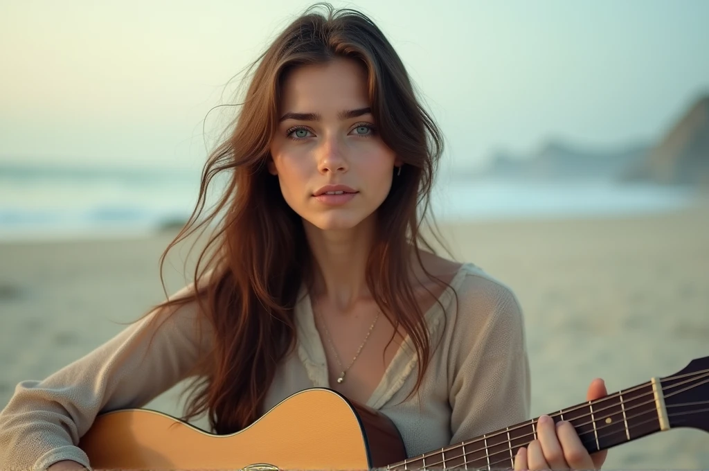 fot, taken from a distance that shows the entire body, She is very young, plein-air, em uma praia, sexy short dress, medium hips, Caucasian skin, sad for a lost love, long brown hair, a softened wry smile - contained excitement, Soft lighting on your face, realistic skin-clothes-hair textures, sky blue eyes carpeted mist, beautiful real textures and delicate aesthetics, full body view, playing guitar, notable for natural feminine beauty, noise, 8 k quality, FOTO RAW, by professional photographer, rule of thirds, Extremely Detailed