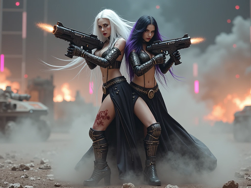 Full body pose sexy sisters of battle from the warhammer 40k, wounded in war, blood covered, shooting at the enemy, red space marine armor with intricate details, white space marine armor with intricate details, symbols on the armor, sisters of battle, warhammer 40k, Massive exposed silicone breast, pale skin, seductive, temptation, eat your soul, clevage, long white flowing hair, long black flowing hair with purple highlights, heavy gothic makeup, at night, neon, beautiful detailed eyes, beautiful detailed lips, extremely detailed eyes and face, long eyelashes, highly detailed space marine armor, intricate futuristic laser weaponry, dramatic lighting, cinematic composition, muted color palette, gritty and realistic, mecha, science fiction, hyper-detailed, photorealistic, award winning digital art, 8k, HDR, masters work, in the middle of a battle field, explosions and fire around, full war, stunning, cinematic, shooting at the enemy
