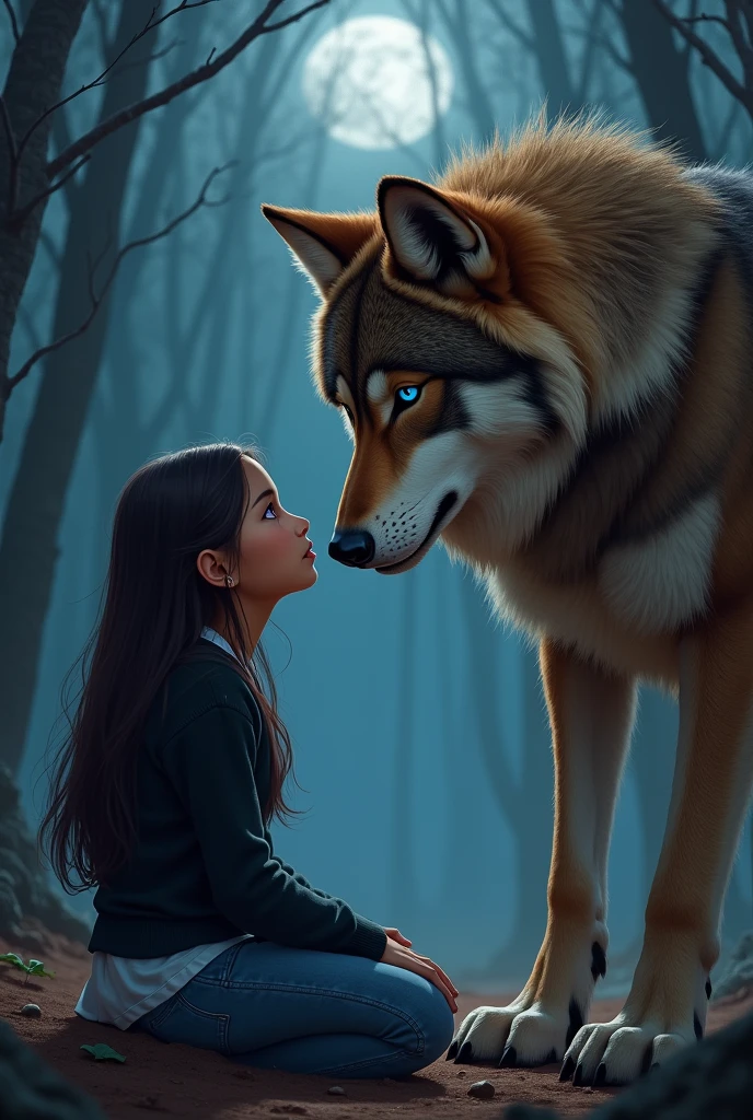 A wolf and a girl .girl is a teenager . Girl is in jeans and t shirt.