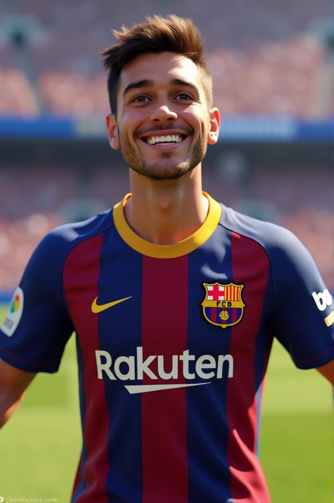 Smiling player wearing Barcelona shirt