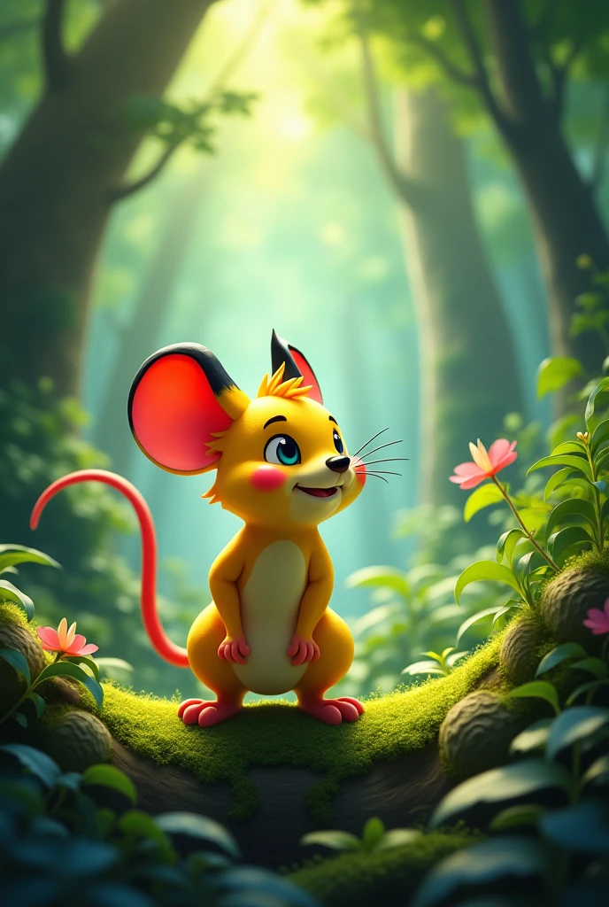 a mouse, yellow with red cheeks, with pointed ears with black tips, with a thunder-shaped tail in a forest 