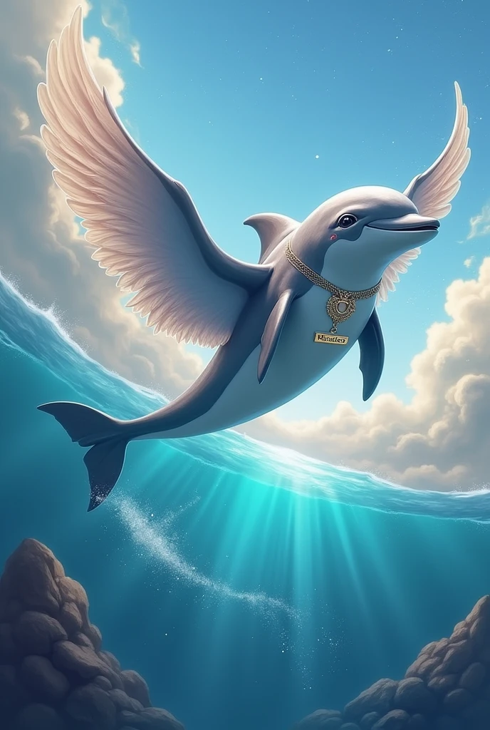 Make me a flying dolphin with wings and a necklace that says the name MIRACLES