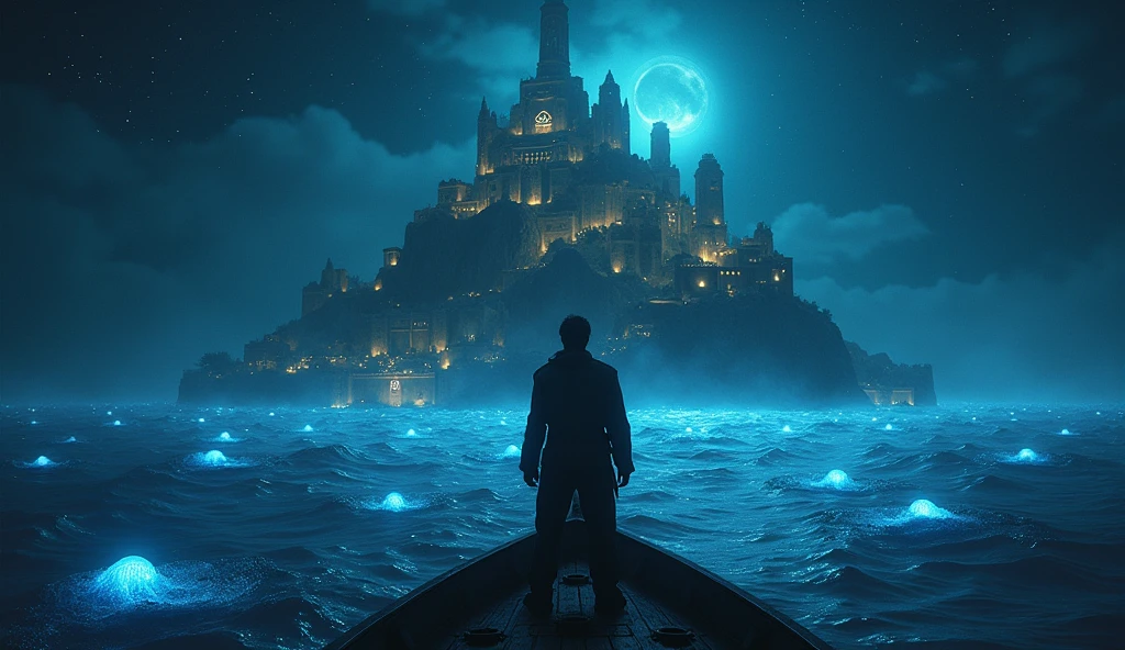 A cinematic and dark scene depicting a sailor standing on the deck of his ghostly ship, gazing in awe as the mythical land of Lemuria reveals itself before him. The island is bathed in a soft, eerie glow, with bioluminescent vegetation casting an otherworldly light across ancient, crumbling architecture adorned with enigmatic symbols that hint at forgotten knowledge and lost civilizations. The structures rise majestically, their outlines shimmering against the night sky. Surrounding the island, the water is alive with glowing anemones that pulse rhythmically, their gentle, melodic hum creating a welcoming ambiance for the traveler. The sky above is clear and filled with intensely bright stars that shine with a supernatural brilliance, emphasizing the mystical connection between this ancient realm and the heavens. The scene is rich with a sense of discovery and wonder, blending elements of the arcane and celestial as the sailor approaches this legendary and enigmatic land., Surrealism, Hyperrealism, UHD, retina, masterpiece, accurate, anatomically correct, textured skin, super detail, highres, 16k