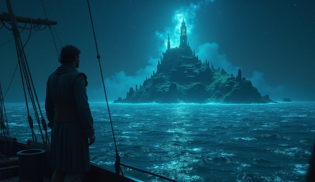 A cinematic and dark scene depicting a sailor standing on the deck of his ghostly ship, gazing in awe as the mythical land of Lemuria reveals itself before him. The island is bathed in a soft, eerie glow, with bioluminescent vegetation casting an otherworldly light across ancient, crumbling architecture adorned with enigmatic symbols that hint at forgotten knowledge and lost civilizations. The structures rise majestically, their outlines shimmering against the night sky. Surrounding the island, the water is alive with glowing anemones that pulse rhythmically, their gentle, melodic hum creating a welcoming ambiance for the traveler. The sky above is clear and filled with intensely bright stars that shine with a supernatural brilliance, emphasizing the mystical connection between this ancient realm and the heavens. The scene is rich with a sense of discovery and wonder, blending elements of the arcane and celestial as the sailor approaches this legendary and enigmatic land., Surrealism, Hyperrealism, UHD, retina, masterpiece, accurate, anatomically correct, textured skin, super detail, highres, 16k