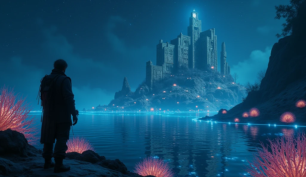 A cinematic and dark scene depicting a sailor standing on the deck of his ghostly ship, gazing in awe as the mythical land of Lemuria reveals itself before him. The island is bathed in a soft, eerie glow, with bioluminescent vegetation casting an otherworldly light across ancient, crumbling architecture adorned with enigmatic symbols that hint at forgotten knowledge and lost civilizations. The structures rise majestically, their outlines shimmering against the night sky. Surrounding the island, the water is alive with glowing anemones that pulse rhythmically, their gentle, melodic hum creating a welcoming ambiance for the traveler. The sky above is clear and filled with intensely bright stars that shine with a supernatural brilliance, emphasizing the mystical connection between this ancient realm and the heavens. The scene is rich with a sense of discovery and wonder, blending elements of the arcane and celestial as the sailor approaches this legendary and enigmatic land., Surrealism, Hyperrealism, UHD, retina, masterpiece, accurate, anatomically correct, textured skin, super detail, highres, 16k