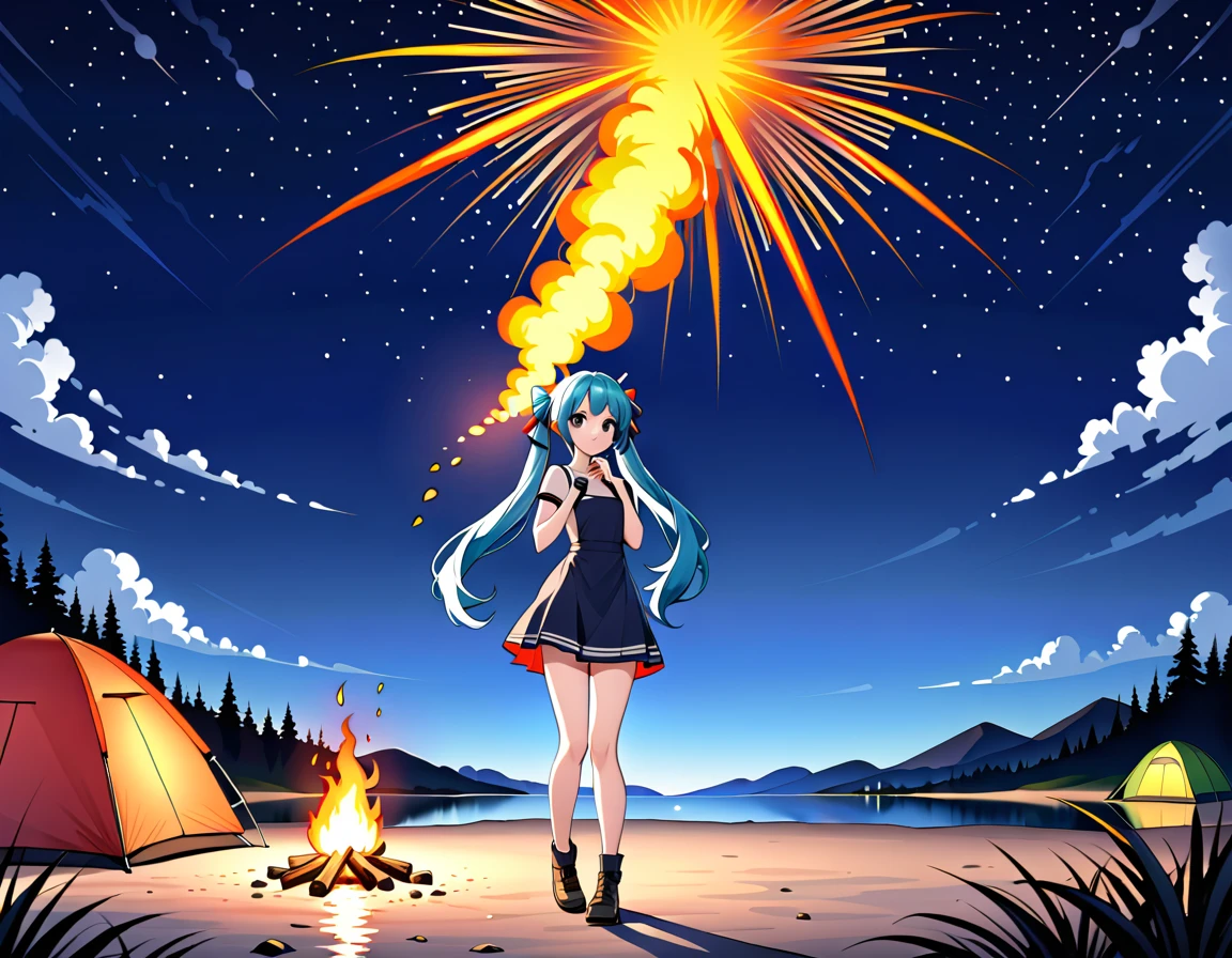 (high quality, 8k, 4K, High Contrast, masterpiece:1.2, 最high quality, Best aesthetics), campfire, night lakeside, Tents and camping equipment, Firefighter, A person stuffing food into their mouth, Beautiful girl standing next to a tent、Light blue long hair、Twin tails、smile, Look up at the starry sky, Fun time, Soft bonfire light, Best memories,