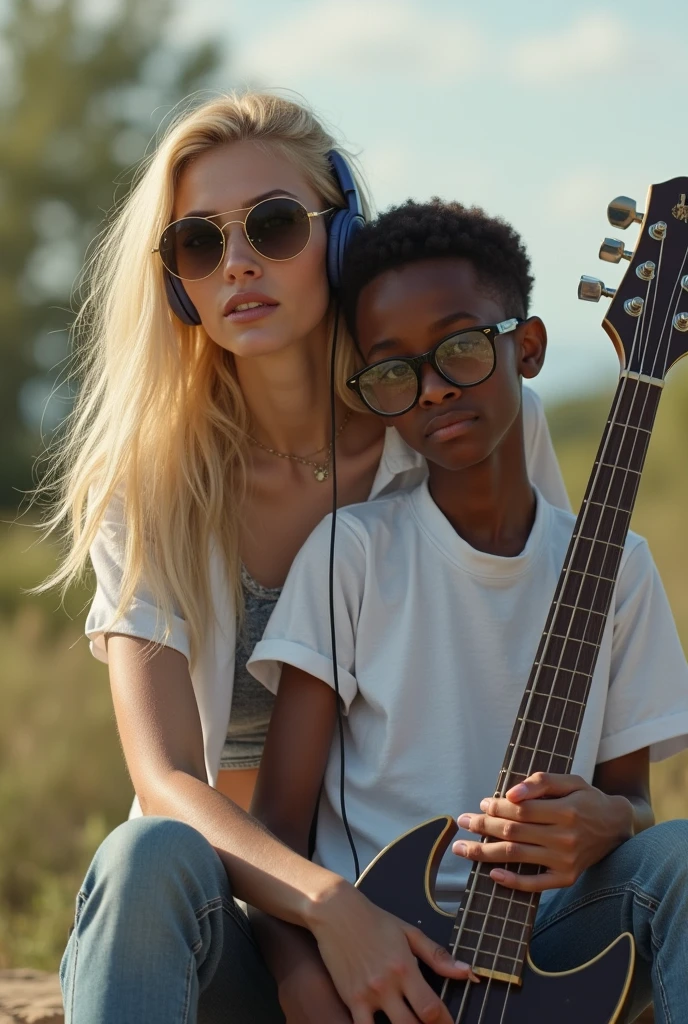 Create a photo of a 30 year old woman, with a slender and beautiful body, wearing jean shorts and an open white shirt, with white and clear skin, with long blond hair, wearing a headset and sunglasses and is sitting on the lap of a dark skinned black teenager, homely, Scrawny, bass guitar, who wears glasses and wears a white shirt and jeans