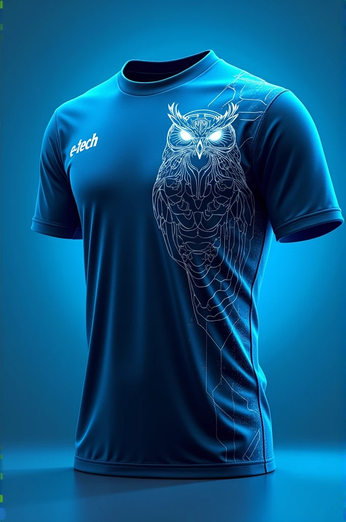 Create a sports shirt in gradient blue;  put the name E-TECH in white font ; create a robotic technological owl in white on the side of the shirt ,place connecting wires on the entire shirt