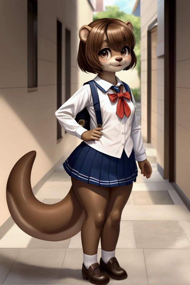 Little slim female otter with nice big thighs and cream brown fur and cute brown eyes and she is wearing school uniform with full body mini skirt and she is .