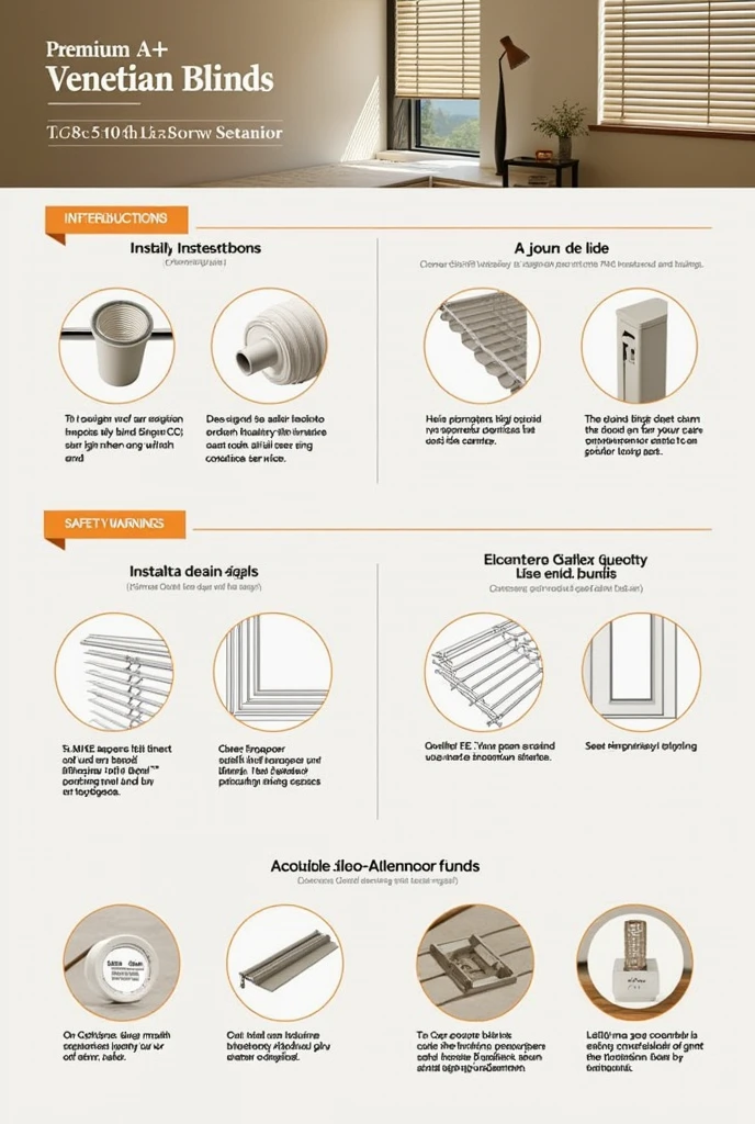 Create a Premium A plus content of Amazon, on the topic of PVC venitien binds with five modules including it's features, instructions and safety warnings. 
Image size should be 1464x600 pixels with the theme of dark beige color. Color code is#AC9362
Black color #000000
Use English 
