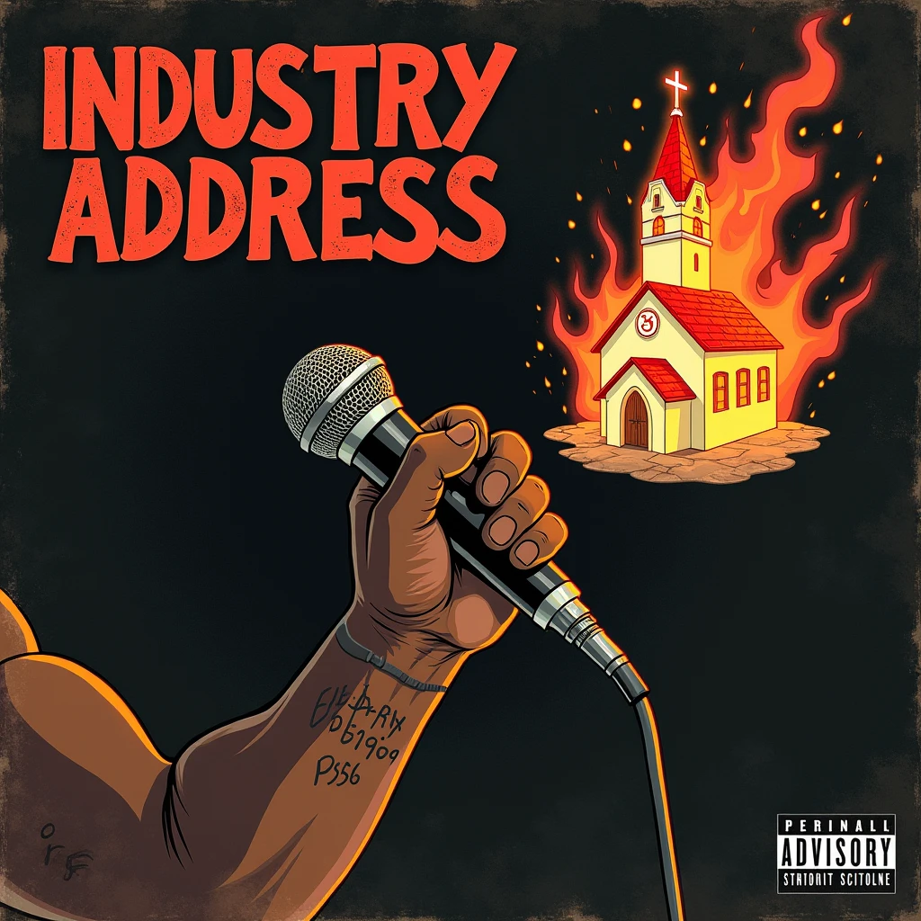 Do a hip-hop song cover art titled "INDUSTRY ADDRESS." On it there should be a muscular African hand tatted with a clearly written tattoo "Lib Dax EST 1996," holding a microphone. At the ending of the microphone rope, there should be a burning church (indicating a persona named church being address artistically).