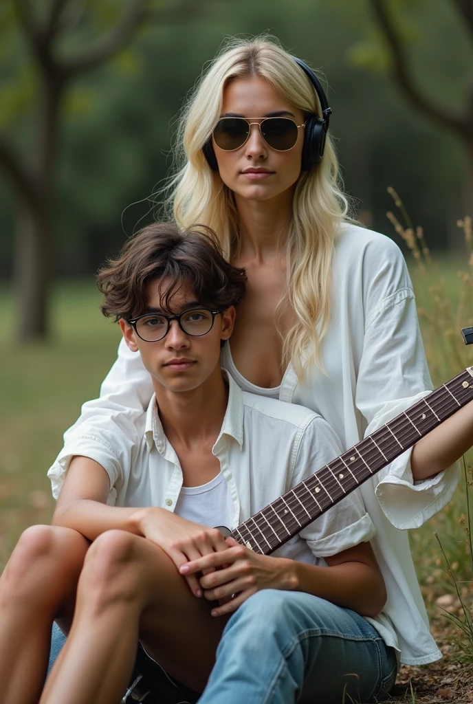 Create a photo of a 30 year old woman, with a slender and beautiful body, wearing jean shorts and an open white shirt, with white and clear skin, with long blond hair, wearing a headset and sunglasses and is sitting on the lap of a dark skinned black teenager, homely, Scrawny, bass guitar, who wears glasses and wears a white shirt and jeans