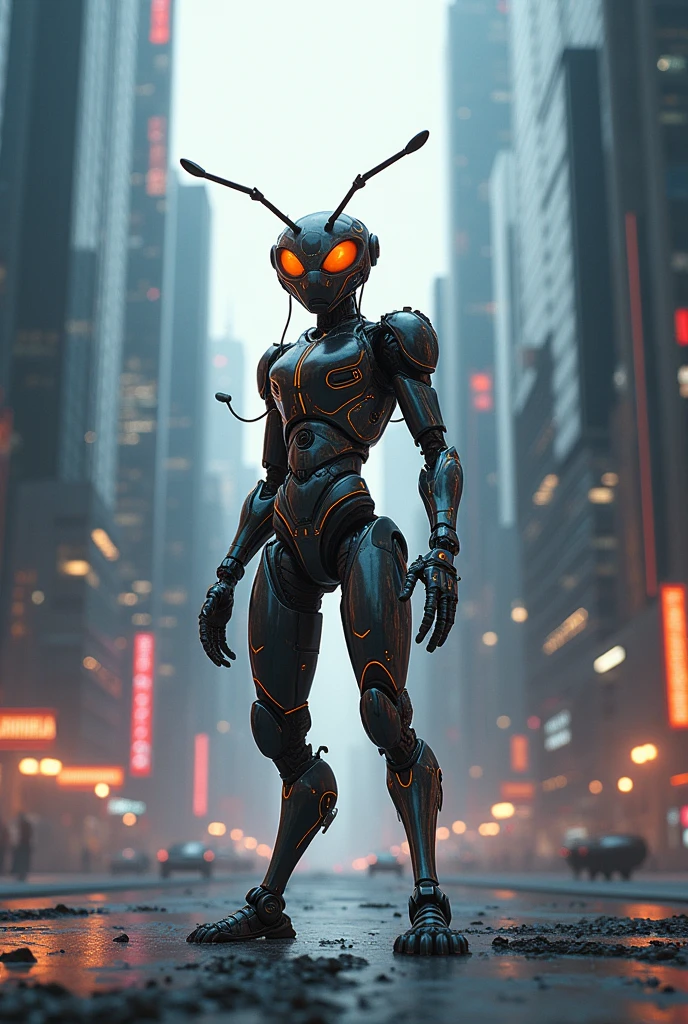 Fire ant in a cyborg costume standing between a skyscraper