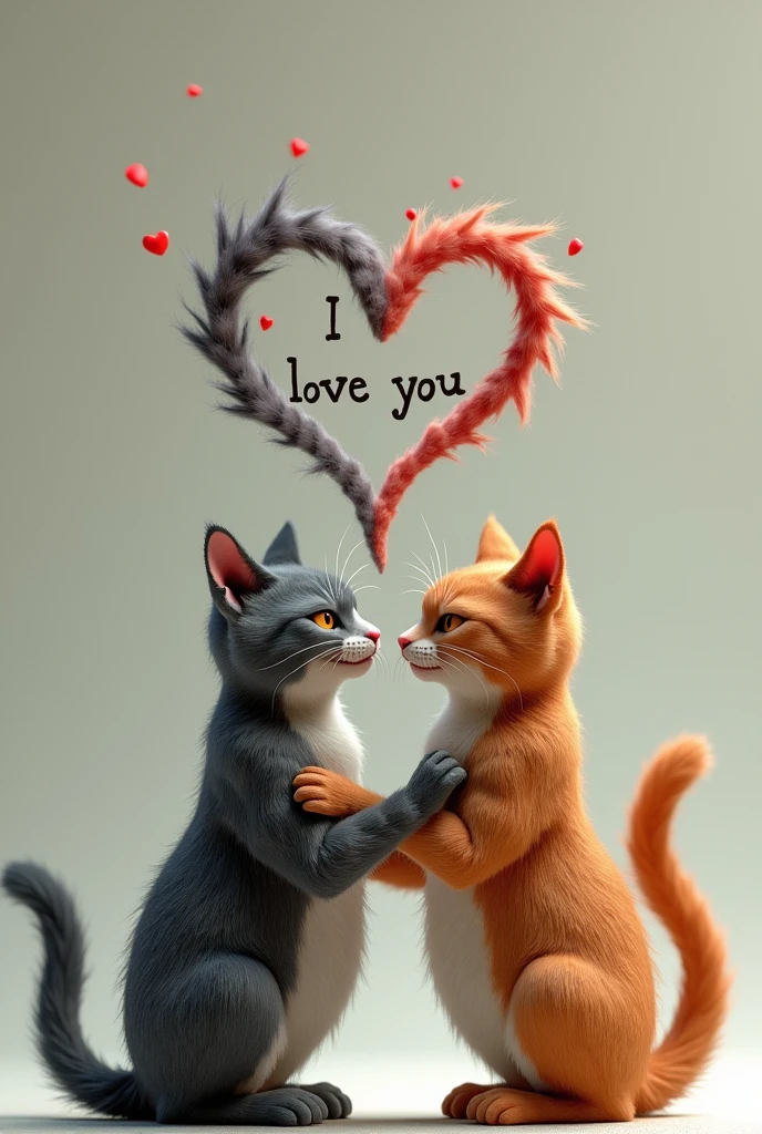 3d digital art, two cats hugging with angry expressions looking at each other, the two cats' tails connecting in a heart shape, on top of the cats a phrase written I love you