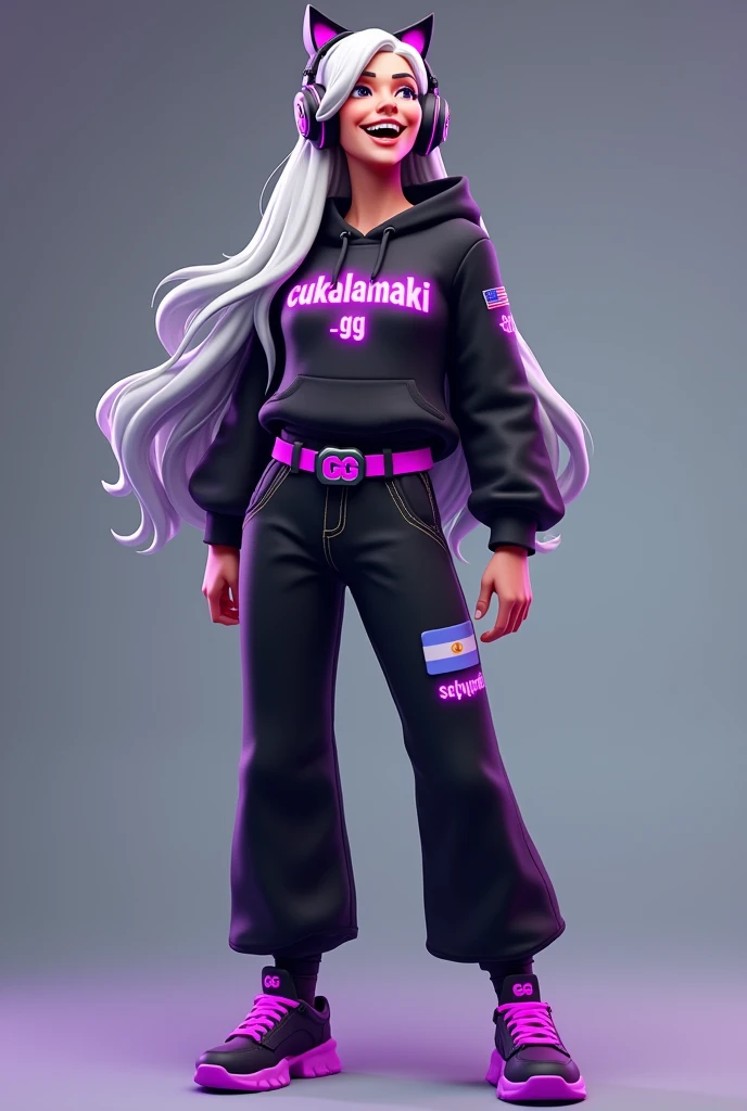 Fortnite Skins, Whole body, White woman, with black sweater and engraved with the name CukaLaMaki_GG in neon purple, wide pants with a small flag of Argentina in original color, with neon purple belt and GG-shaped buckle, Low black tennis shoes with neon purple, with gamer headphones with black cat ears with neon purple, Long hair, laughing and silvery