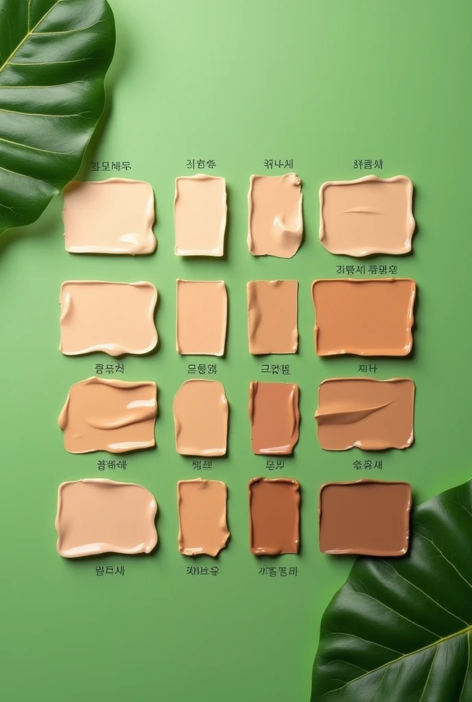 create skin test of makeup concealer, with 16 different tones, with green background