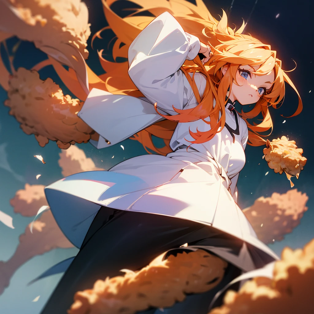 Fried chicken turns into a girl, anime, long hair, beautiful body, wearing ordinary clothes.