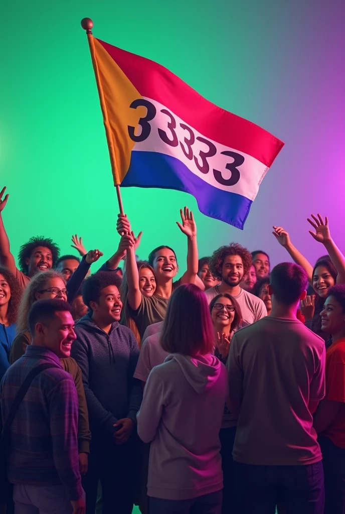Create video of diverse people holding flag with number 33133 and green and purple background