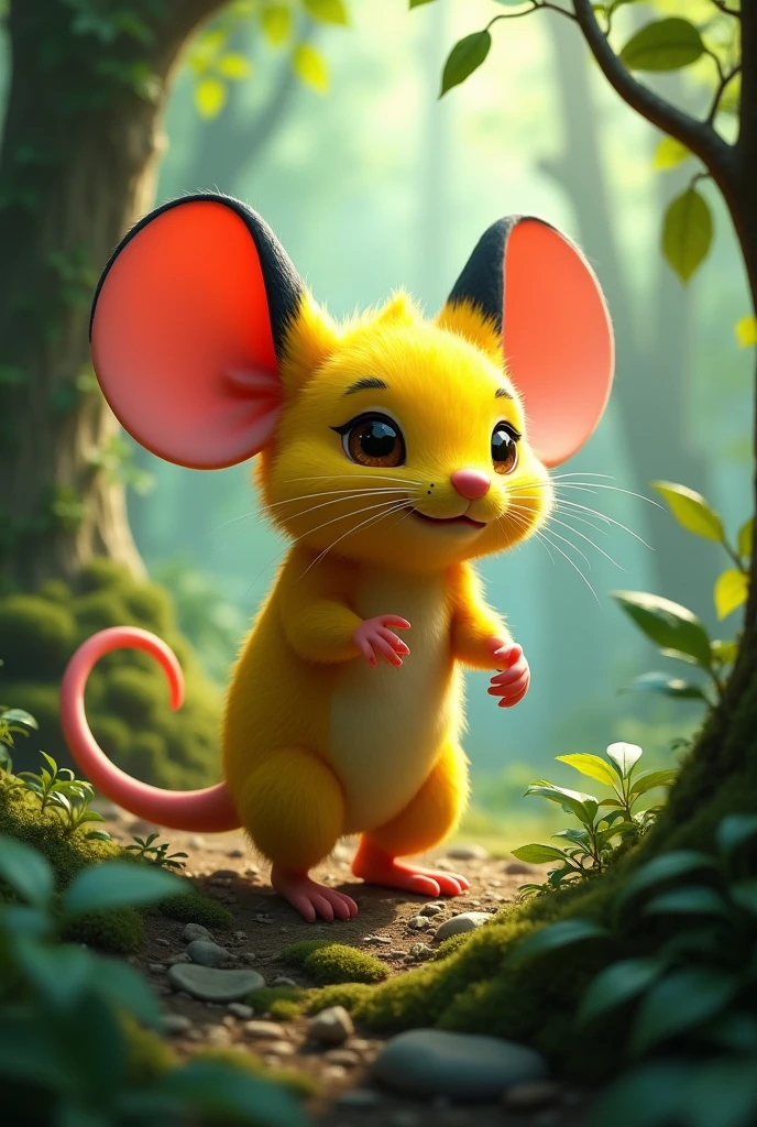 A big mouse, yellow with red cheeks, with pointed ears with black tips, with a thunder-shaped tail in a forest 