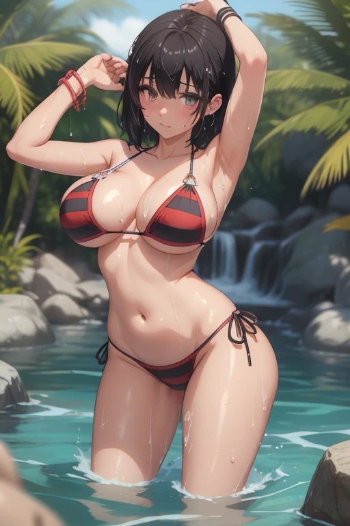 mirando al ispectador, detailed eyes, kotonedef, black hair, brown eyis, short hair, bist details, Shiny black hair, tits, pezonis visiblis, crystal clear eyes,  pechos grandis, pistañas definidas,  microbikini sexy, striped bikini, bracelet, sexy,(Wet), Curvy body, disde arriba, blush,is, throwing bikini,is, brother in law, butt crack, wet on the chest, wet between the legs, blushizada, 