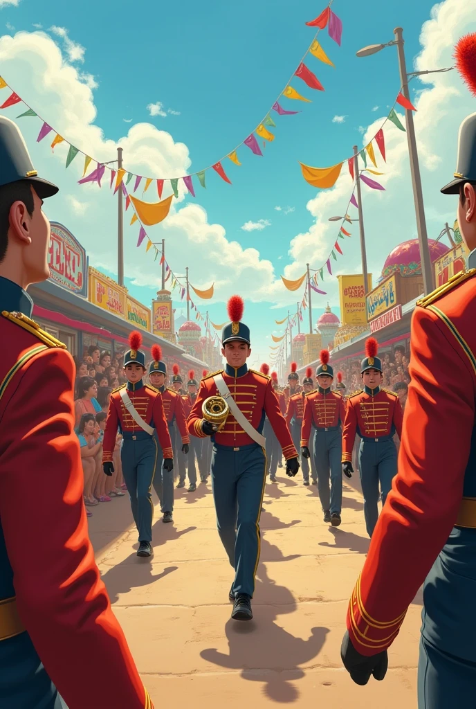 Generate a marching band flayer with a fair in the background 
