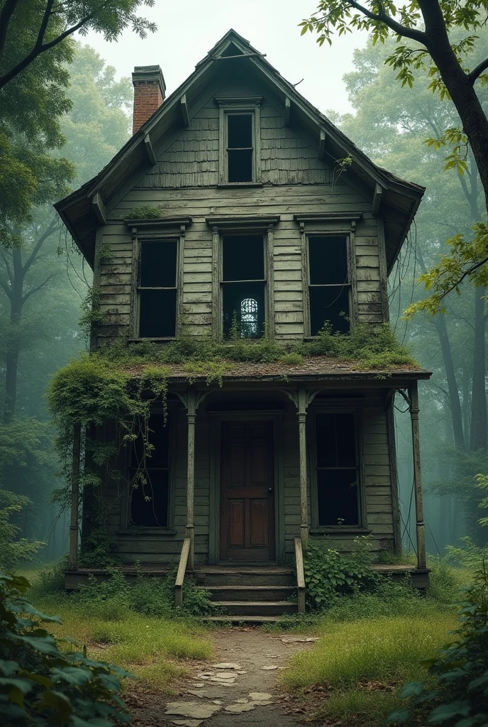 Create an abandoned house stands alone on the edge of the forest, its dilapidated walls leaned over, and the roof half collapsed, exposing old wooden beams. The windows have long been broken, and through the empty eye sockets, thickets of wild plants peer into the house. The door barely hangs on rusty hinges, creaking with every breath of wind. Inside, desolation reigns: the floors are covered with dust and debris, and the wallpaper is peeling and hanging in tatters. This house was once full of life, but now all that remains of it are shadows of the past and a deafening silence, broken only by the sounds of nature.