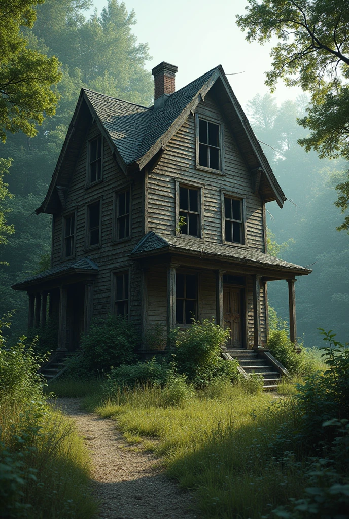 Create an abandoned house stands alone on the edge of the forest, its dilapidated walls leaned over, and the roof half collapsed, exposing old wooden beams. The windows have long been broken, and through the empty eye sockets, thickets of wild plants peer into the house. The door barely hangs on rusty hinges, creaking with every breath of wind. Inside, desolation reigns: the floors are covered with dust and debris, and the wallpaper is peeling and hanging in tatters. This house was once full of life, but now all that remains of it are shadows of the past and a deafening silence, broken only by the sounds of nature.