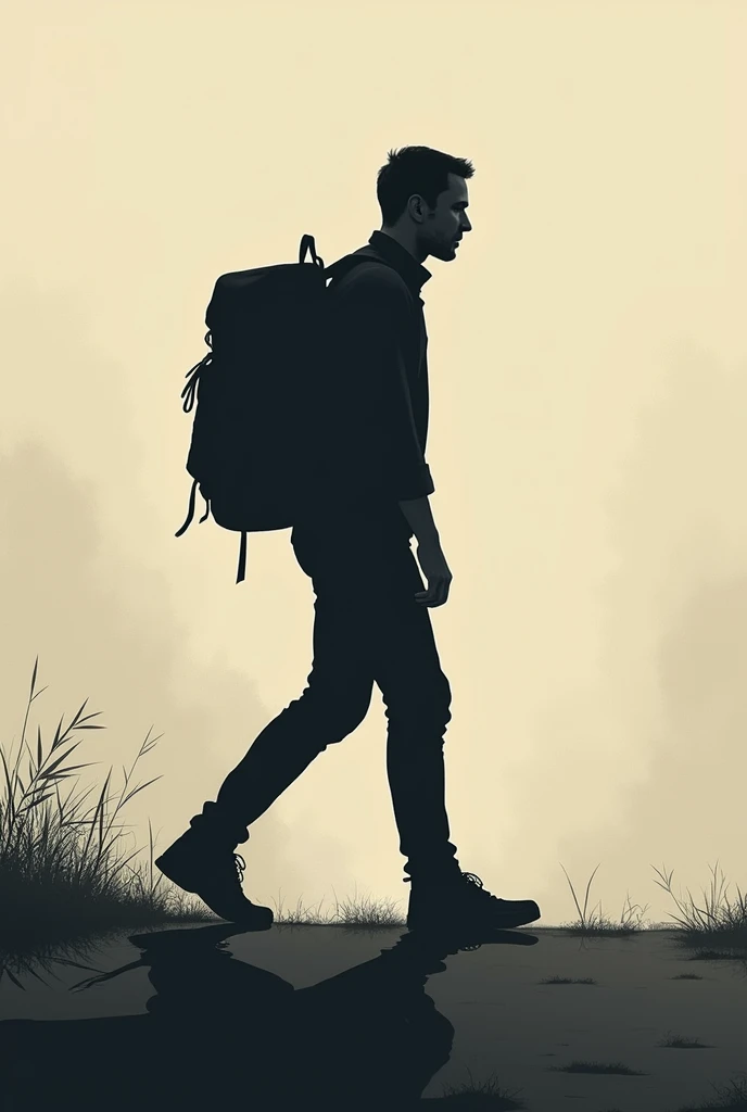 the profile shadow of a man walking, wearing a backpack
