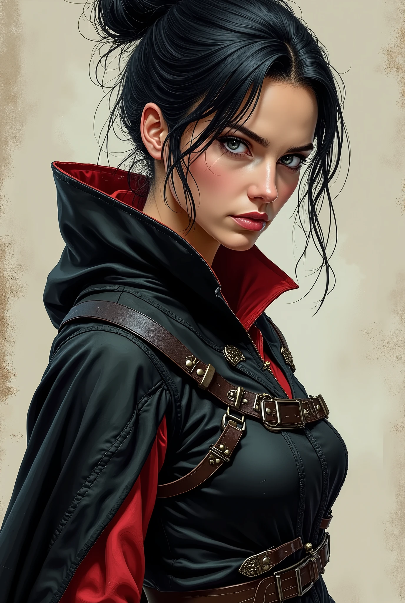Can you generate character design of female, looks like jennifer carpenter with black hair in messy bun. Grey eyes. In black and dark red renaissance assassin creed clothing with hood on her back. Semi realistic comics style.