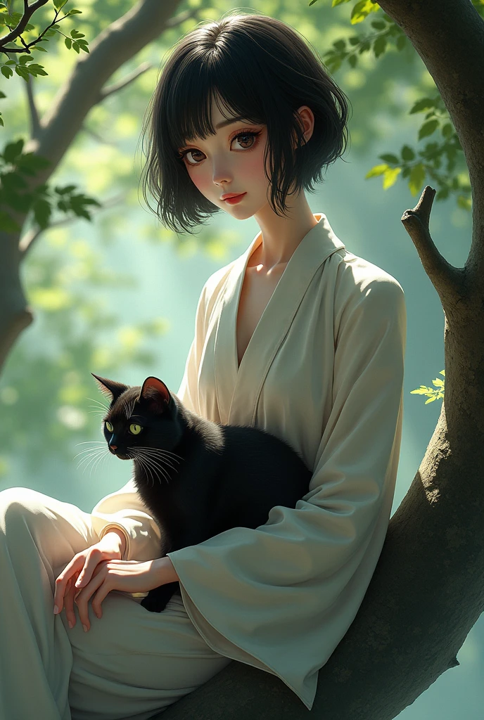 Japanese beautiful woman with short bright hair and dark eyes, sat on a tree with a black cat on her laps