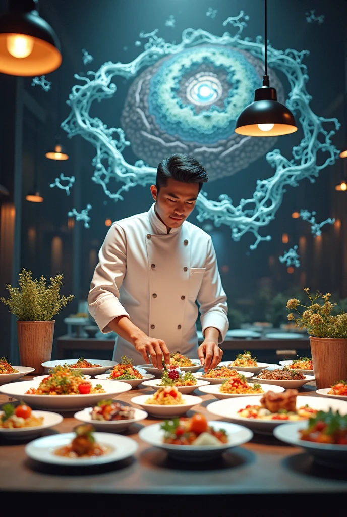 Image where you can see a chef, food, molecules and the human brain that refers to applied neurogastronomy