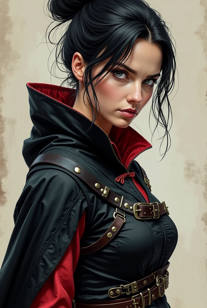Can you generate character design of female, looks like jennifer carpenter with black hair in messy bun. Grey eyes. In black and dark red renaissance assassin creed clothing with hood on her back. Semi realistic comics style.